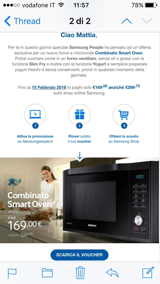 Buongiorno <a href="/supportosamsung/">Supporto Samsung</a> Sto provando a scaricare il voucher per questa offerta ricevuta il 28/12 ma non riesco