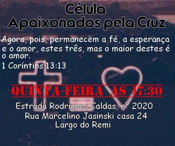 A_Souzaaa's tweet photo. Vamos lá galera melhor célula.
Vamos ser mais apaixonados por aquele que morreu por nós. Direção Bruno Rodrigues https://t.co/g1kCGqjliM