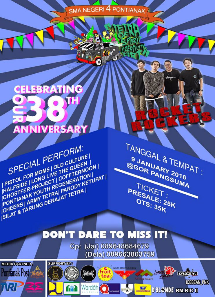 9 Januari @tosca2016 (IG) 
At Gor Pangsuma Pontianak
HTM: presale 25k OTS 35k
On stage: 21.00 WIB