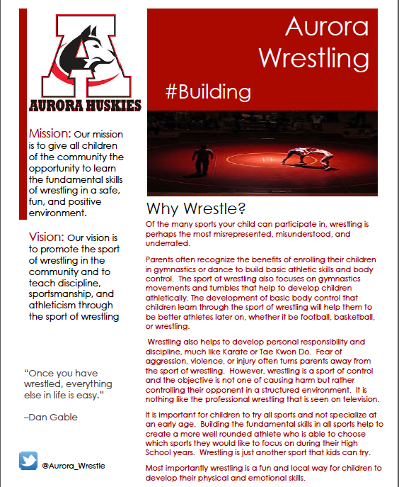 Aurora_Wrestle's tweet photo. Why Wrestle? Aurora Youth Wrestling Fliers will go out next week. Keep an eye out in back packs #aurorahuskies https://t.co/sVeGgVgJ3a