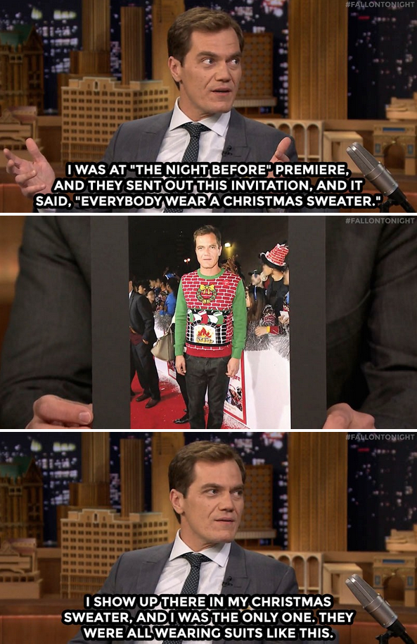 FallonTonight's tweet photo. Michael Shannon didn't get the memo to wear a suit to @TheNightBefore_ premiere 🎄 https://t.co/uHDHB5rgVF https://t.co/3O1aojLdEG