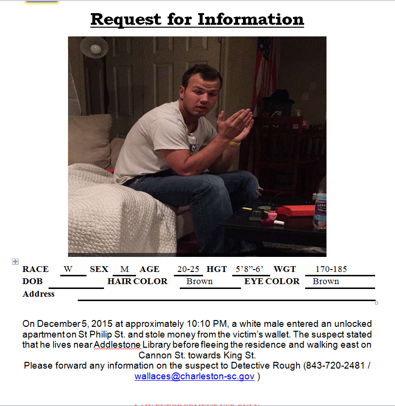 CharlestonPD's tweet photo. help needed to identify burglary suspect any info call Det Rough @ 843 720 2481 or wallaces@charleston-sc.gov https://t.co/WopNFwoX9U