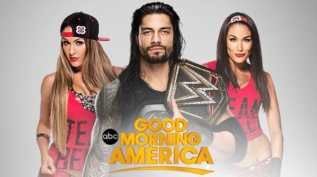 WWE's tweet photo. In the tri-state area? YOU can see @WWERomanReigns &amp; @BellaTwins LIVE on @GMA tomorrow! Tix: https://t.co/iBKpxpqngv https://t.co/uXLdKTPiqO