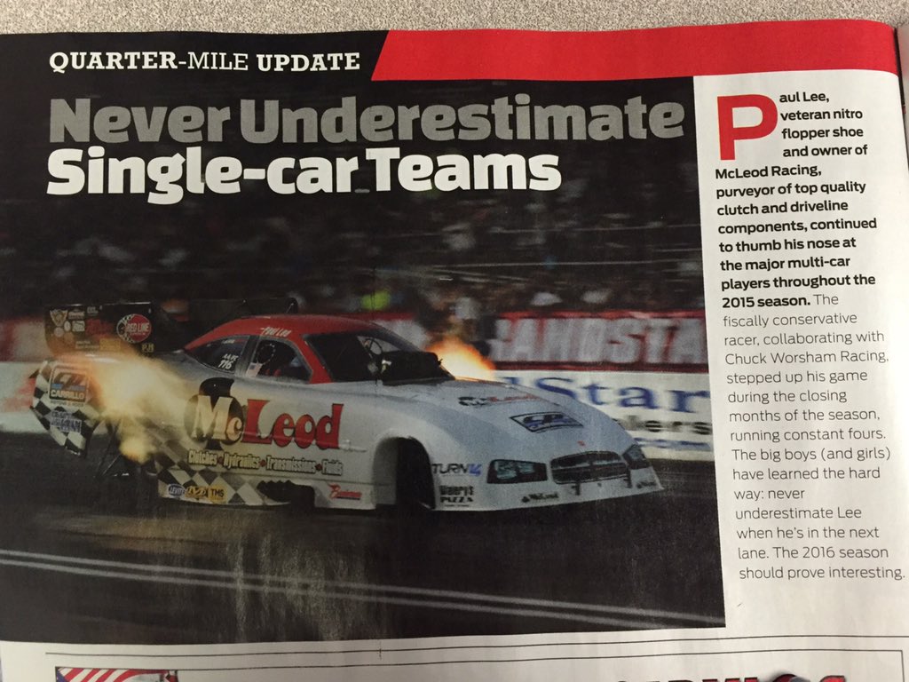 Paul_Lee116's tweet photo. Thanks Drag Racer Magazine for the Quarter-mile Update mention! #SingleCarTeam #McLeodRacing #NHRA #Nitro #FunnyCar https://t.co/z0yodbA34e