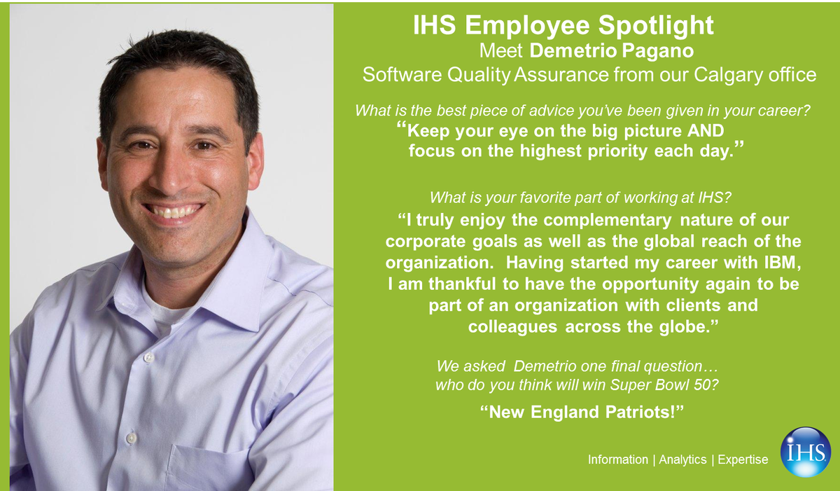 IHSMarkit4jobs's tweet photo. IHS #EmployeeSpotlight | Meet Demetrio Pagano from our #Calgary office! #WeAreIHS #Work4IHS #IHSCareers https://t.co/lImAUJZBuJ