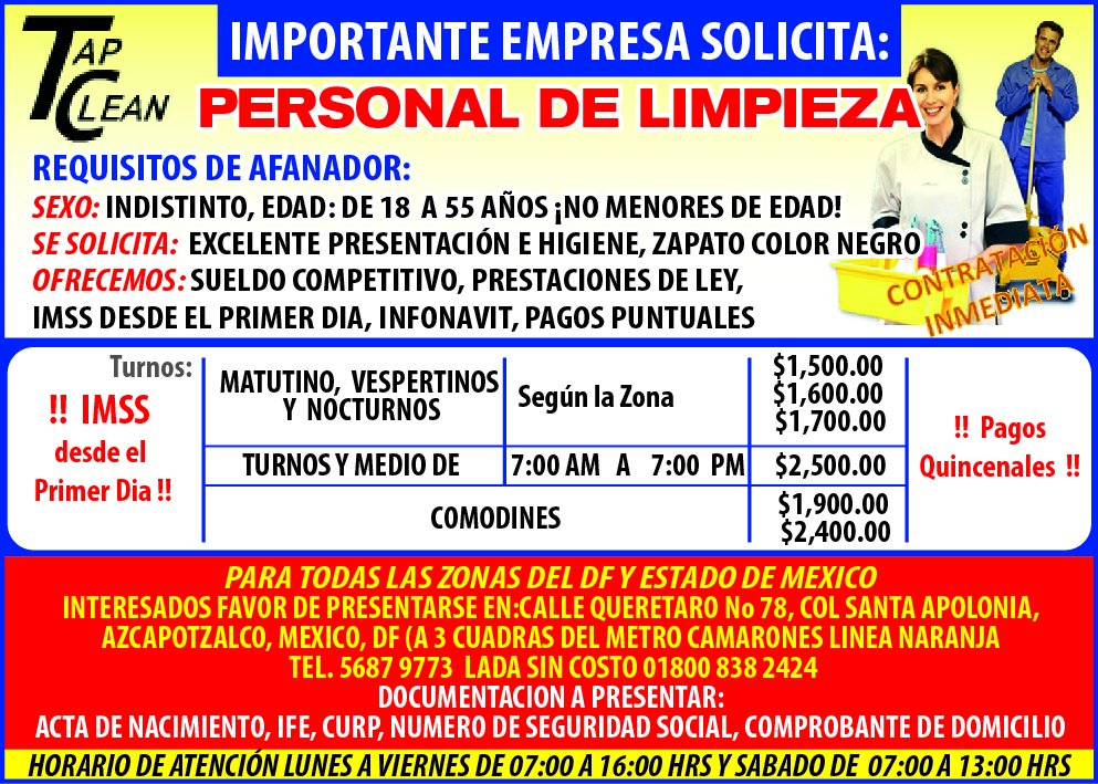 AvisoOportunoMX's tweet photo. #ATENCIÓN Si estás buscando #empleo, con distintos horarios, únete al gran equipo de #TapClean ---> https://t.co/Ogrx4B36co