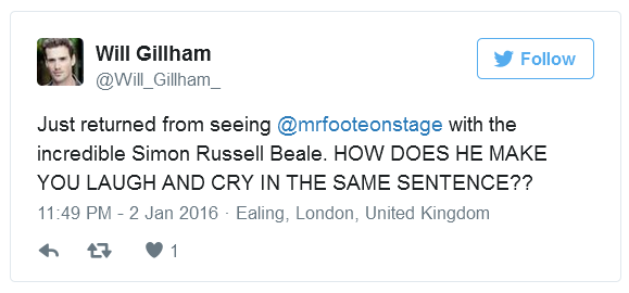 mrfooteonstage's tweet photo. #SimonRussellBeale amazes us on a daily basis @Will_Graham_! Thanks for your great tweet 😍 https://t.co/9XAlqXdCoZ