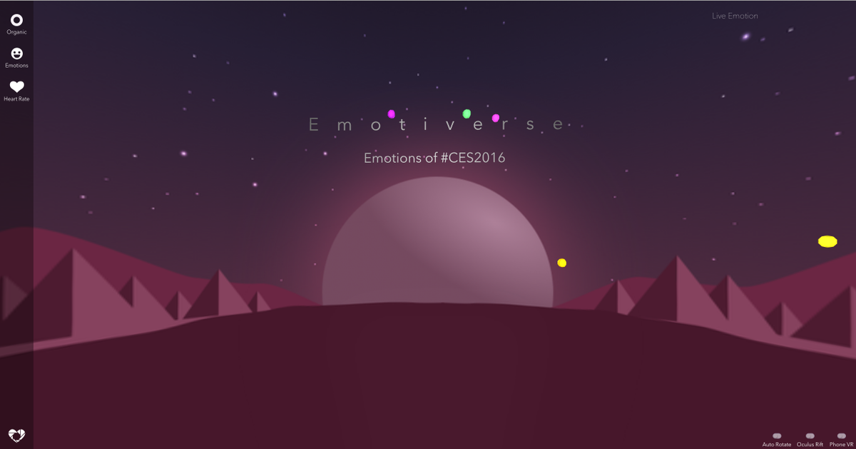 EmocamApp's tweet photo. The Emotiverse is live 🙌🌑 Start exploring and view the live emotions of CES here https://t.co/8zVYJac8k9 #ces2016 https://t.co/JgiLyYieSR