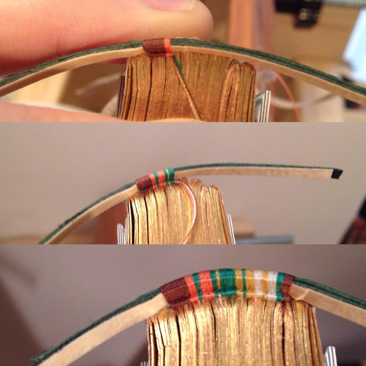 wbookbinding's tweet image. #endbands sewn in 5 coloured silks on a leather and vellum core #bookbinding #finebinding #headbands