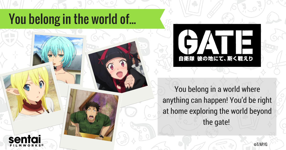 SentaiFilmworks's tweet photo. Turns out, I belong in the world of #GATE_anime Have you taken the #Sentai2015quiz yet? https://t.co/uCKHM2Bb0a https://t.co/D9EFgR9s1D