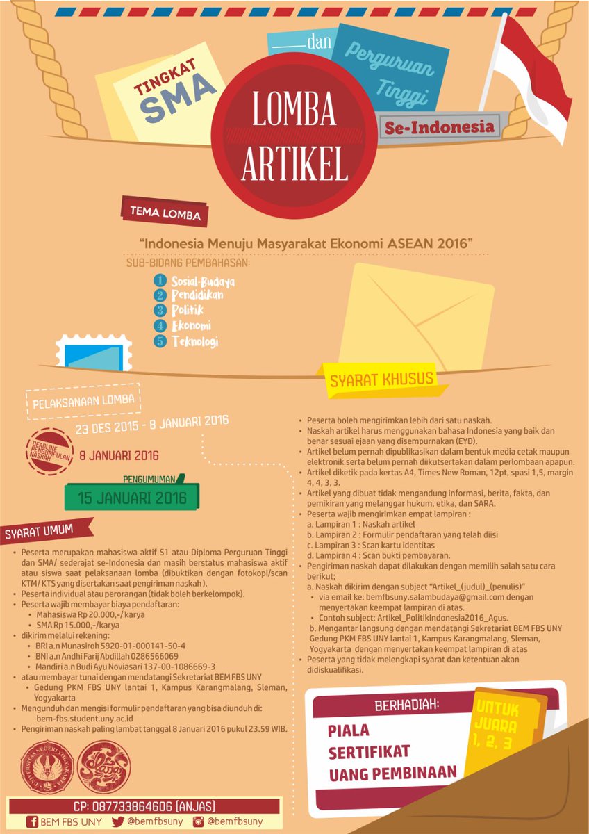 Kabar gembir kini lomba artikel diperpanjang sampai 10januari2016. <a href="/BEMFIBUNS/">BEM FIB UNS</a> <a href="/BEMFIBUB/">Ranta BayanakaFIB UB</a> <a href="/BEMFISUNY/">BEM FIS UNY</a> @bemfe_uny