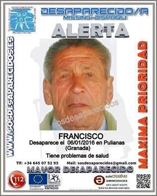 AnaPolicar's tweet photo. 🚨ALERTA DESAPARECIDO🚨 en Pulianas (Granada). Si tienes alguna pista llama al 112 EMERGENCIAS https://t.co/kntA5rxZ34