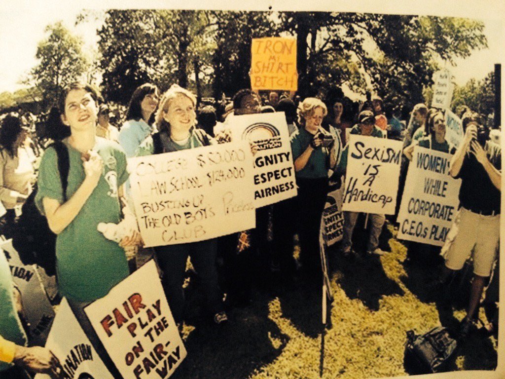 TheClub's tweet photo. As women protest against all-male golf clubs a guy in the background has a suicide wish... https://t.co/dzehllBChI
