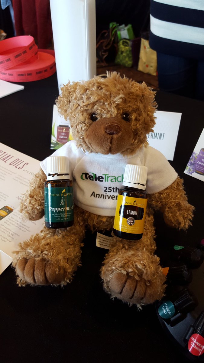 TeleTracking's tweet photo. .@TheRealTeleBear is using essential oils to help de-stress during #Tele25! https://t.co/DYYLhsnpCe