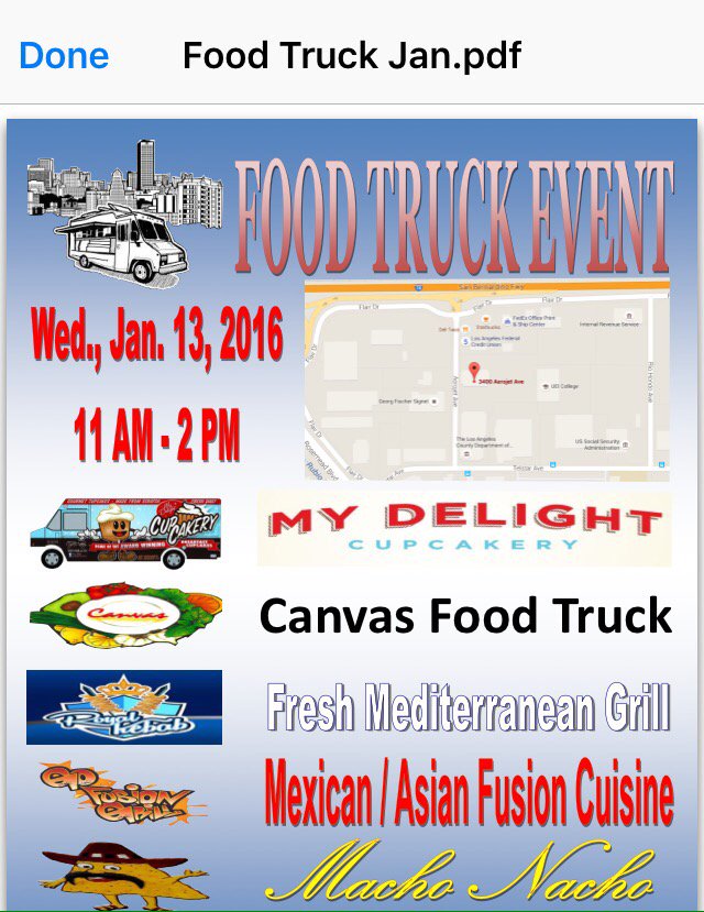 Lunch 1/13 3400 Aerojet ave El Monte  <a href="/MyDelightTruck/">My Delight Truck</a> <a href="/CanvasFoodsLA/">Canvas Food Truck</a> <a href="/gofusionngrill/">Go Fusion N Grill</a> <a href="/MachoNachoTruck/">Mr. Nacho</a> <a href="/Royal_Kebab1/">Royal Kebab</a>