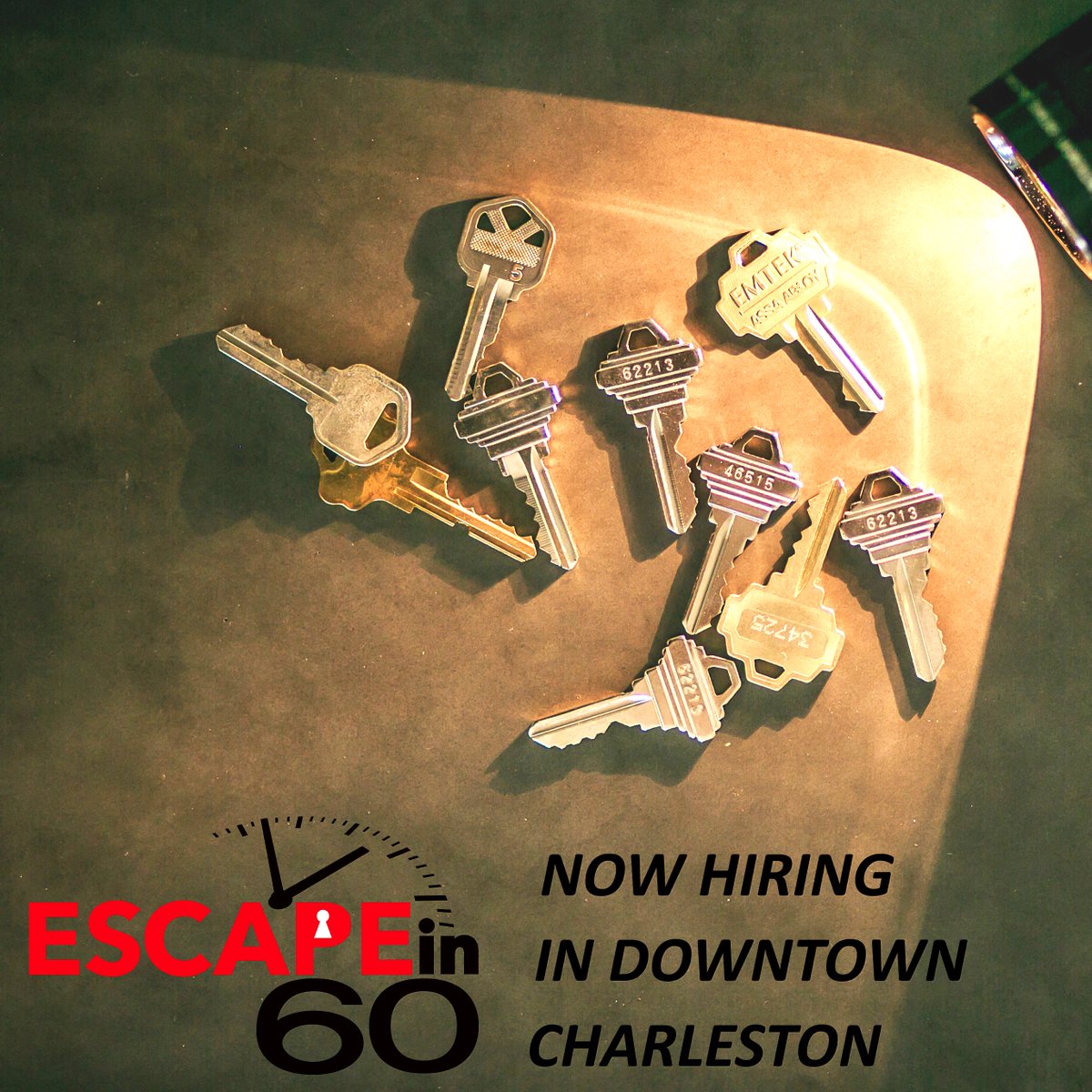 EscapeIn60's tweet photo. #Escapein60 is now hiring! Check https://t.co/vCcSMI9DCX 4 details. #chsjobs #charlestonjobs #nowhiring #escaperoom https://t.co/KlZCa1zWxd