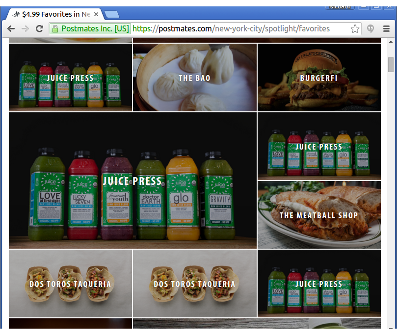 rcy's tweet photo. @Postmates $4.99 delivery favorites web page looks nice, but hard to use with many identical logos https://t.co/vCvhbPjSqd