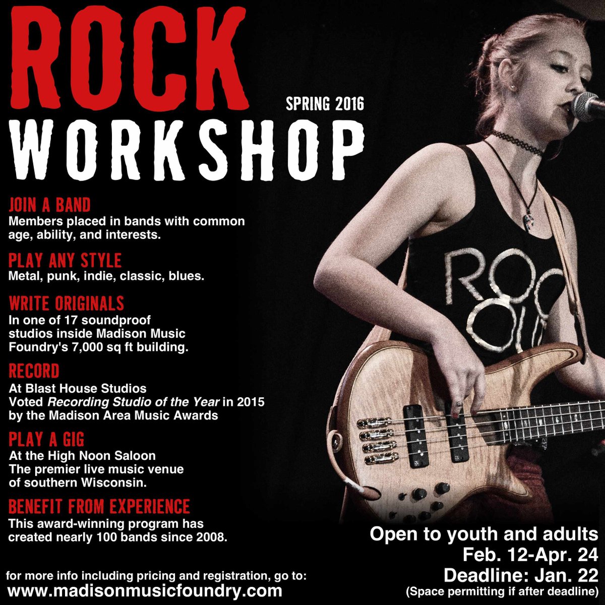 Deadline is Jan. 22nd for the Winter session of Rock Workshop
Space is limited, don't delay  madisonmusicfoundry.com/education/prog…