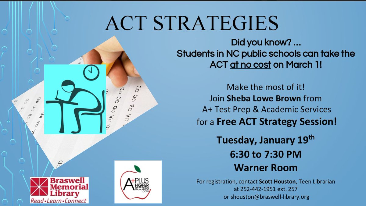 aplustestprep's tweet photo. Free ACT class.  Braswell Library. Rocky Mount. Jan. 19. @FikeCounseling @Fike2College @BHSHighSchool @PCS_NC https://t.co/wPqQSVFUPV