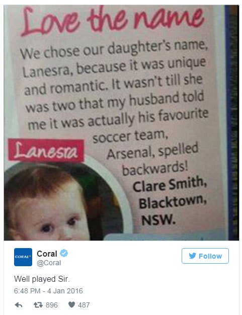 pakstatuscom's tweet photo. Australian man tricks wife into naming daughter Lanesra – his favourite football team… https://t.co/FUovjXR5MG https://t.co/jkpvGAOomG