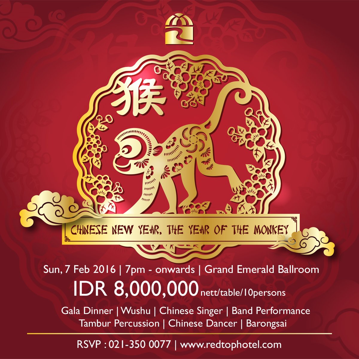 REDTOPHCC's tweet photo. Welcome to the year of monkey 2016.
Enjoy Chinese dinner only IDR 8,000,000 / table for 10 persons. https://t.co/v3zh5zGhyr
