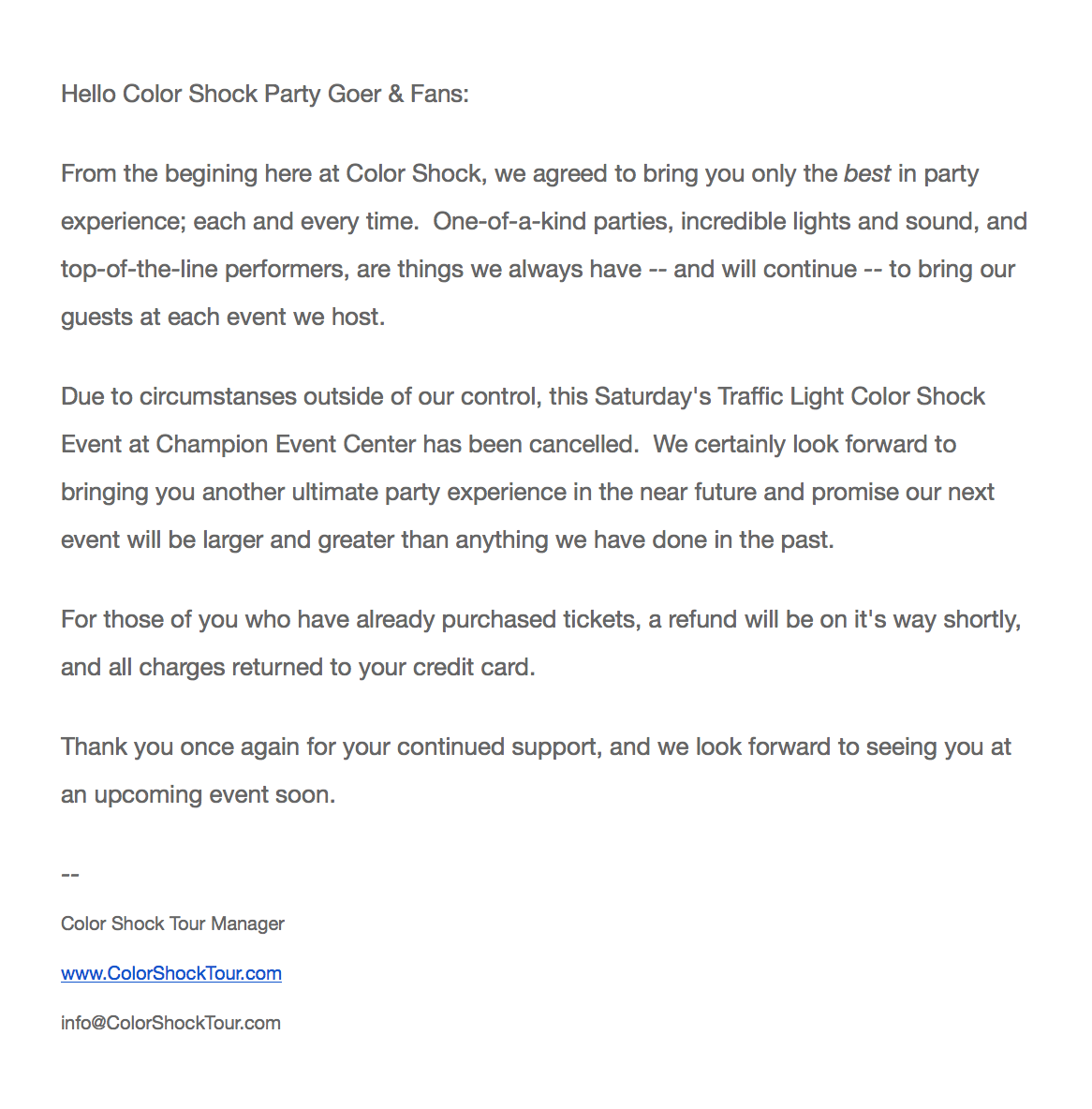 ColorShockTour's tweet photo. Sad but true... this Saturday's party has been cancelled.  See below for the official message from the manager... https://t.co/TQvh3HBMie