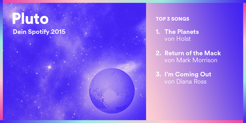 SpotifyDE's tweet photo. Hey Pluto. 2015 war ein großes Jahr für Dich. Was ging sonst noch? ➡ https://t.co/Mo15dERdJO #Spotify2015 https://t.co/ouhtBUafhE