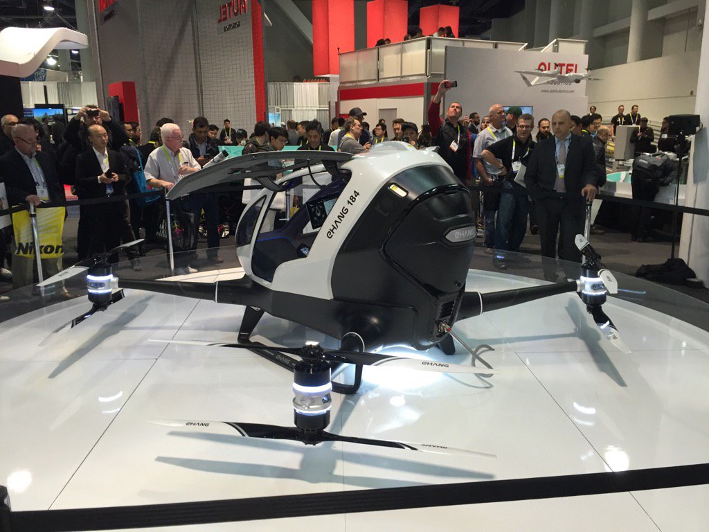 freedlistsite's tweet photo. Our view of the #ehang184 #drone @CES #CES2016 https://t.co/r0EbO7uwYa