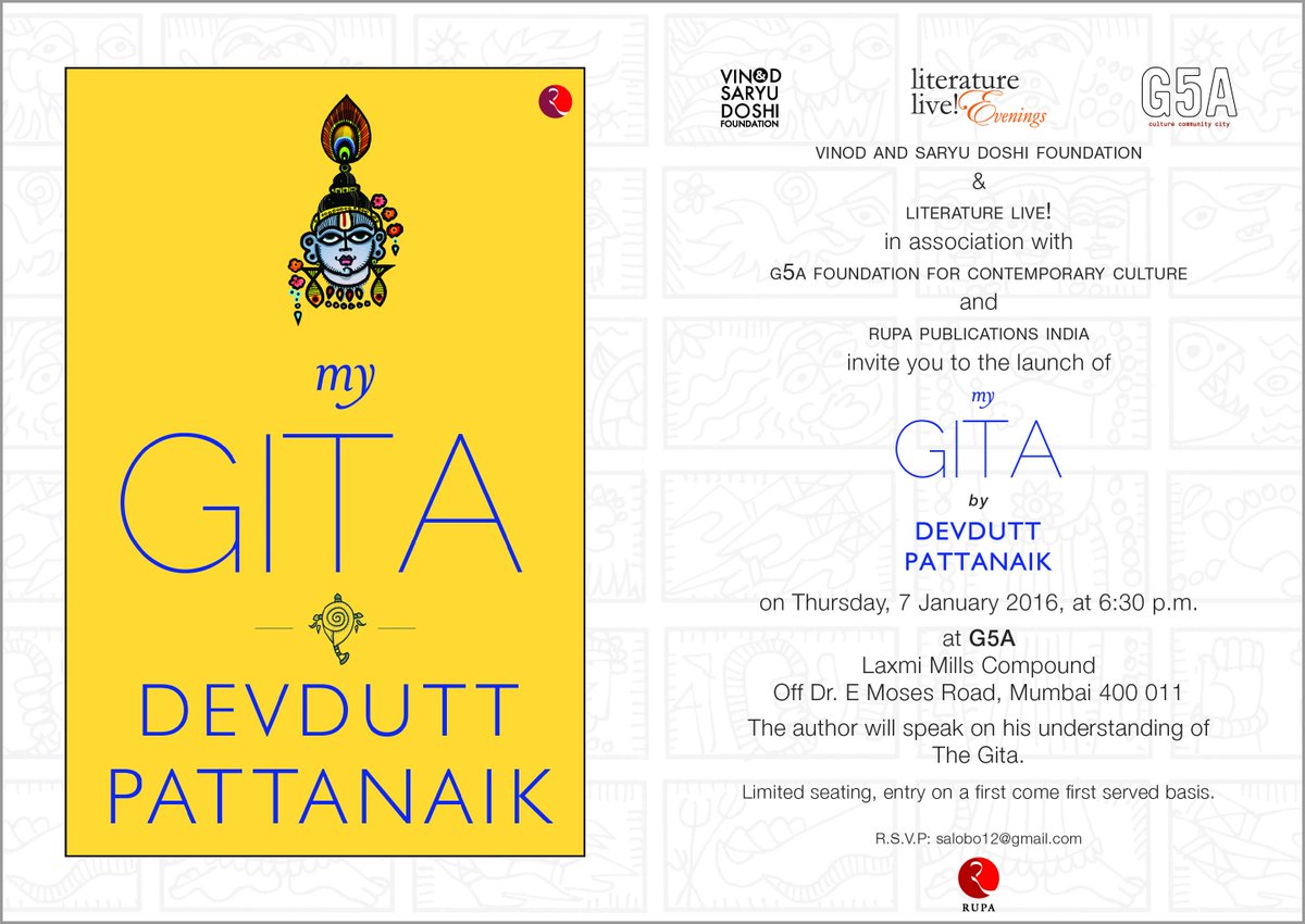 Siyahi (@siyahijaipur) on Twitter photo Launch of #MyGita by <a href="/devduttmyth/">Devdutt Pattanaik</a> today, 6:30pm at G5A, Laxmi Mills Compound, Mumbai. Be there! <a href="/Rupa_Books/">Rupa Publications</a> Launch of #MyGita by <a href="/devduttmyth/">Devdutt Pattanaik</a> today, 6:30pm at G5A, Laxmi Mills Compound, Mumbai. Be there! <a href="/Rupa_Books/">Rupa Publications</a>