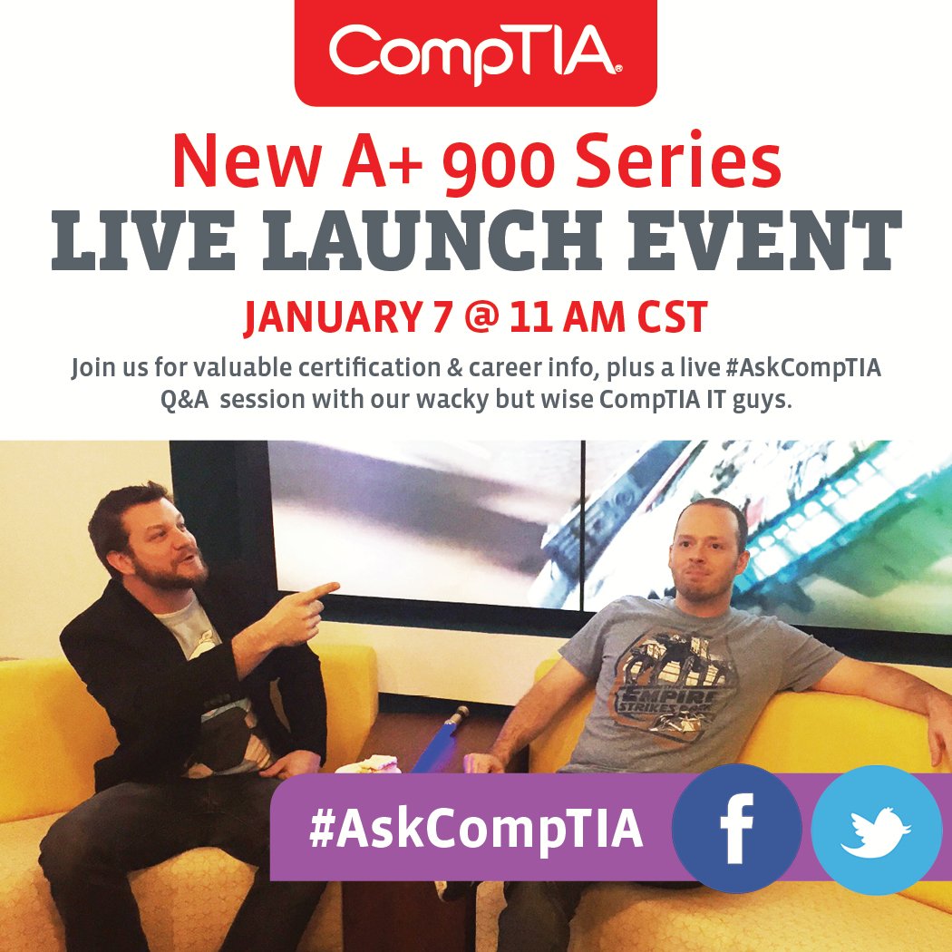 CompTIA's tweet image. Today's the day! We need your #AskCompTIA questions for our live launch at 11 a.m. CST: bit.ly/1OHNvFy