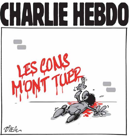 springstien's tweet image. #JeSuisCharlie #ViveCharlieHebdo " The idiots killed me", by Algerian cartoonist Dilem. Credit: @DilemAli.