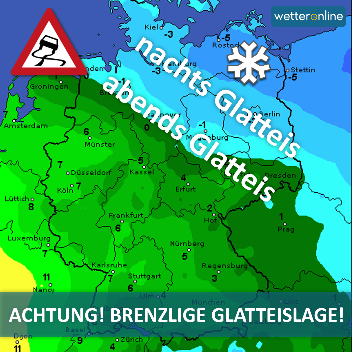 WetterOnline's tweet image. Ab dem Abend #Glatteis-Gefahr! Bitte fahrt und geht vorsichtig, auch bei Temperaturen über 0 Grad!. #Glätte #Wetter