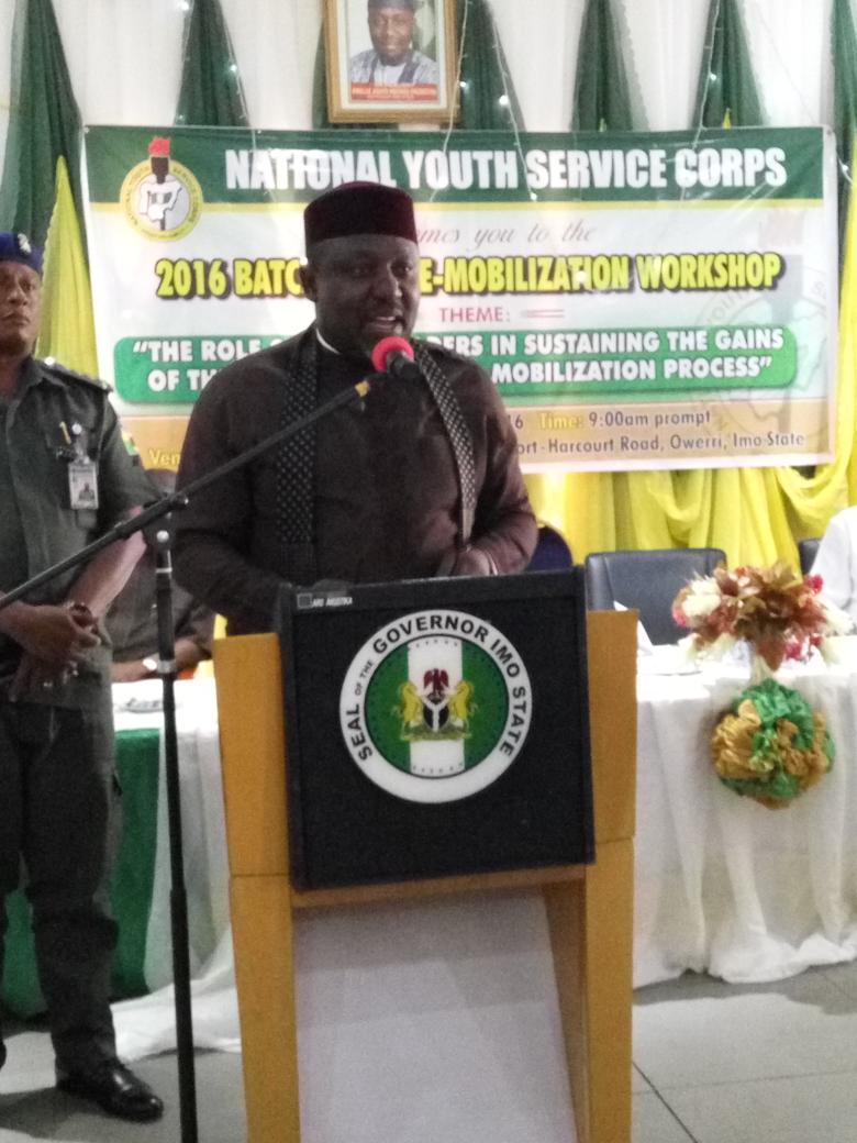 nysc_ng's tweet photo. #HappeningNow: @GovernorRochas giving his speech, extemporaneously as always at the #2016APreMob. @justemdee https://t.co/2R3ai6PYIU