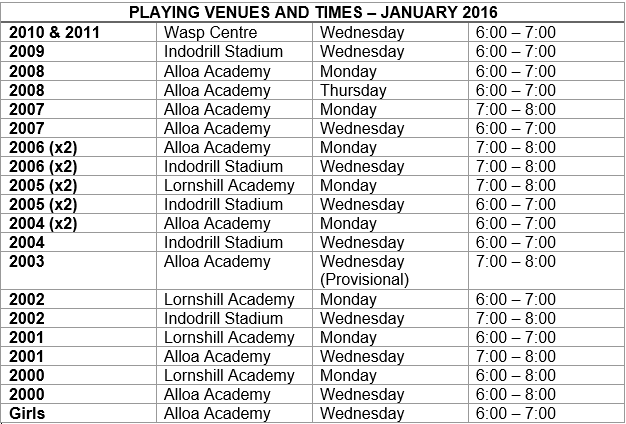AlloaWCC's tweet photo. Happy New Year! 

New training schedule for 2016 - Starts back Mon 11th (unless coaches state otherwise) https://t.co/UEBpdfT2Xg