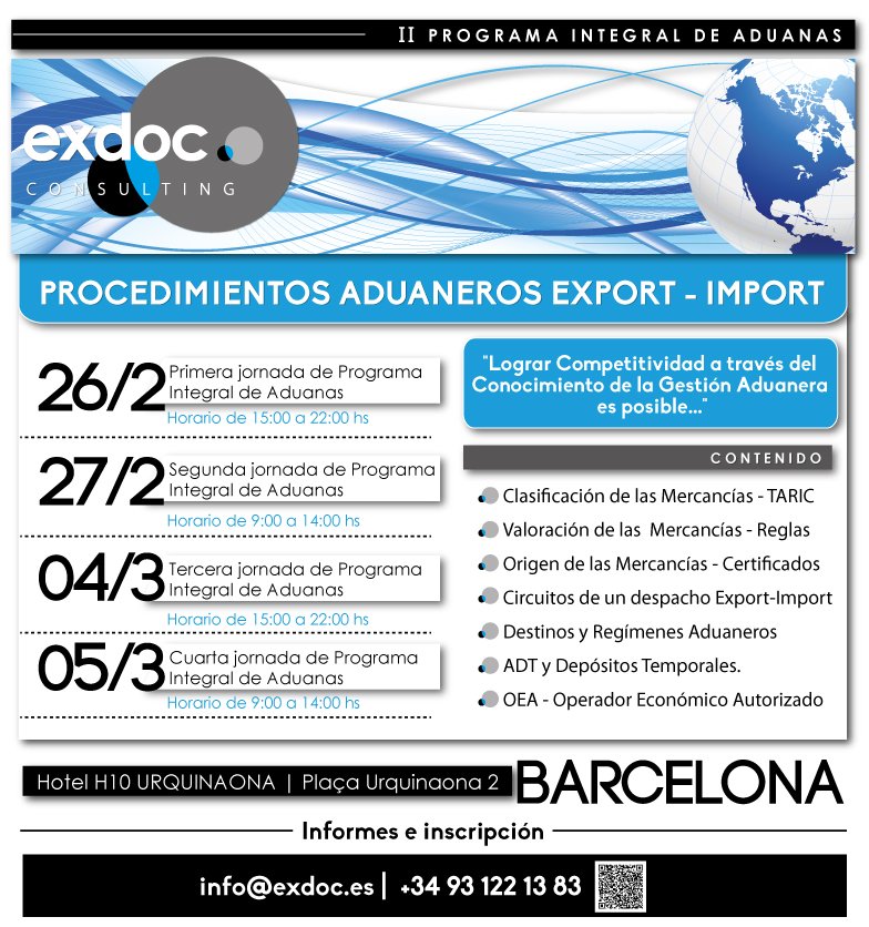 PizzutoMauro's tweet image. #Aduanas #Barcelona II Programa Integral de Aduanas #exdoc febrero-marzo 2016 training.exdoc.es