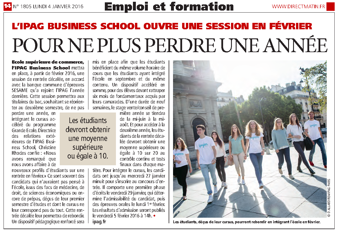 IPAGBS's tweet photo. Se réorienter sans perdre une année? @DirectMatin
Intégrez l'IPAG en 1re année dès février!
https://t.co/r9zdshPMh4 https://t.co/77Cb3fCRjo