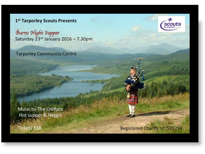 JaneLRead's tweet photo. @TarporleyCE Scouts Burns Night Supper 23rd Jan 7:30.  Music, supper &amp; haggis! Tickets from me or Catharine Line. https://t.co/0ky1n8detc