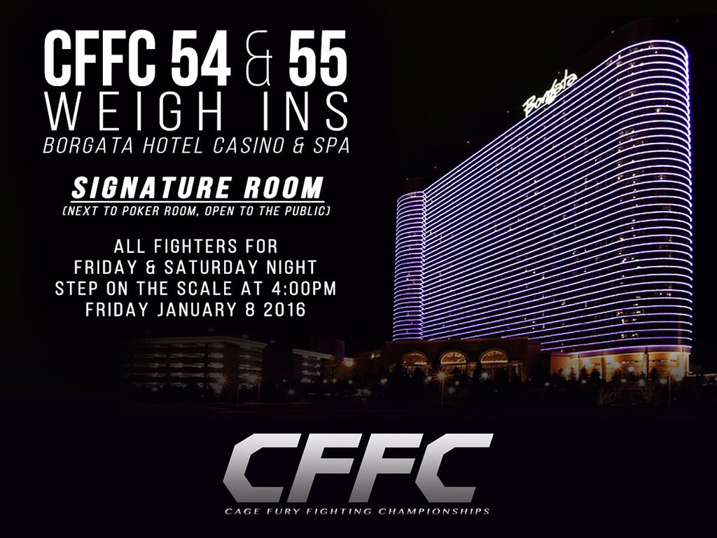 mmamasterclass's tweet photo. RT CFFCMMA Weighs ins for #cffc54 & #cffc55 will be held at the Borgata tomorrow at 4pm LIVE & streaming online #m… https://t.co/gi9whyLhJr