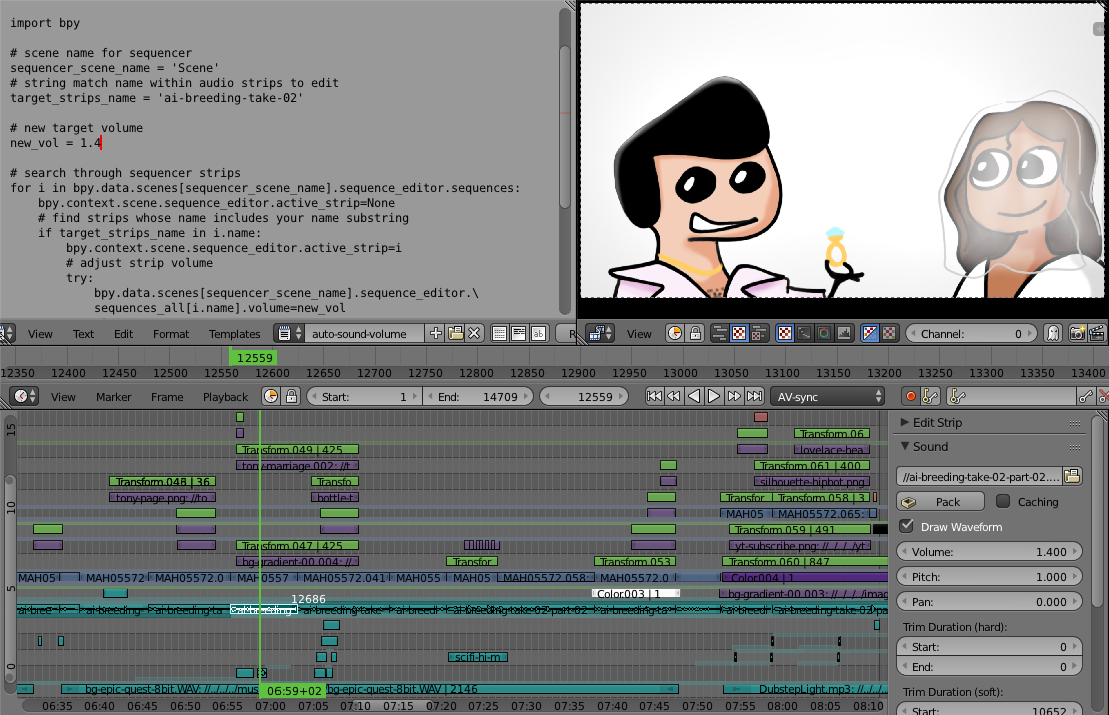 Botmasher's tweet photo. Reworked my auto-color-grader to re-volume all voice audio. Even at 4am it was easy. Lovin Python + Blender for NLE! https://t.co/Ip0RGjBtNh