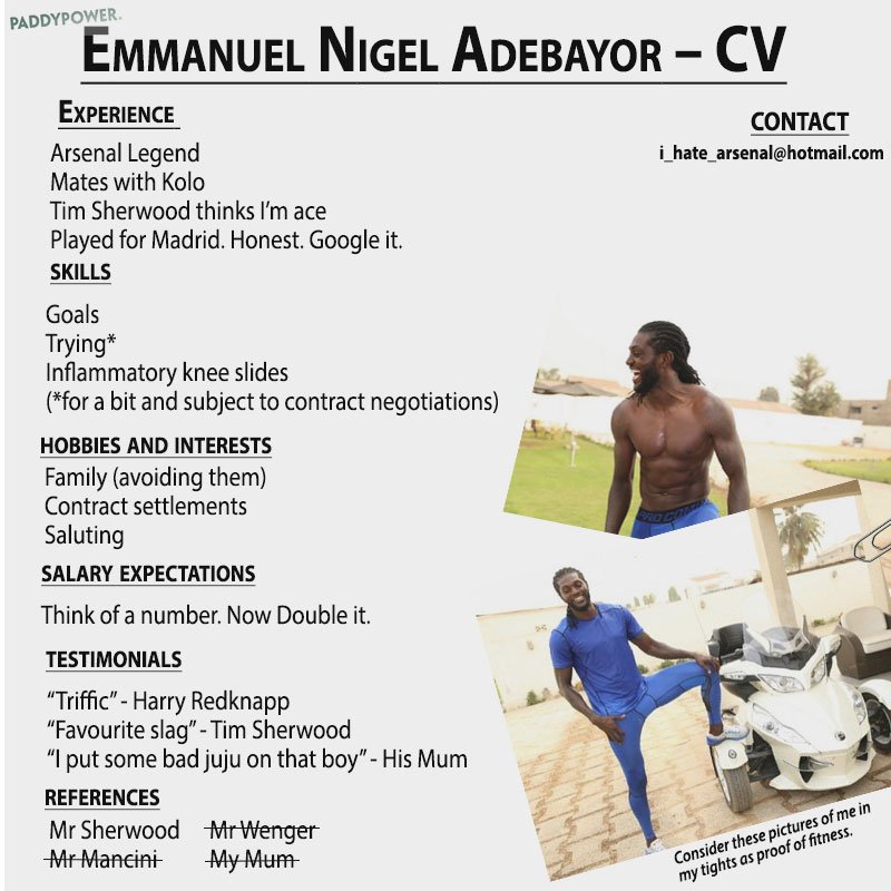 paddypower's tweet image. ICYMI: Emmanuel Adebayor is targeting a return to the Premier League. With this CV he should have no problems...