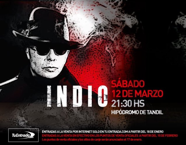 fraseRicotera's tweet photo. Confirmado. #Indio sábado 12/3 en #Tandil. #INDIOsolari  #IndioEnTandil (Via Redonditos de Abajo). https://t.co/cbyHFHjDrl