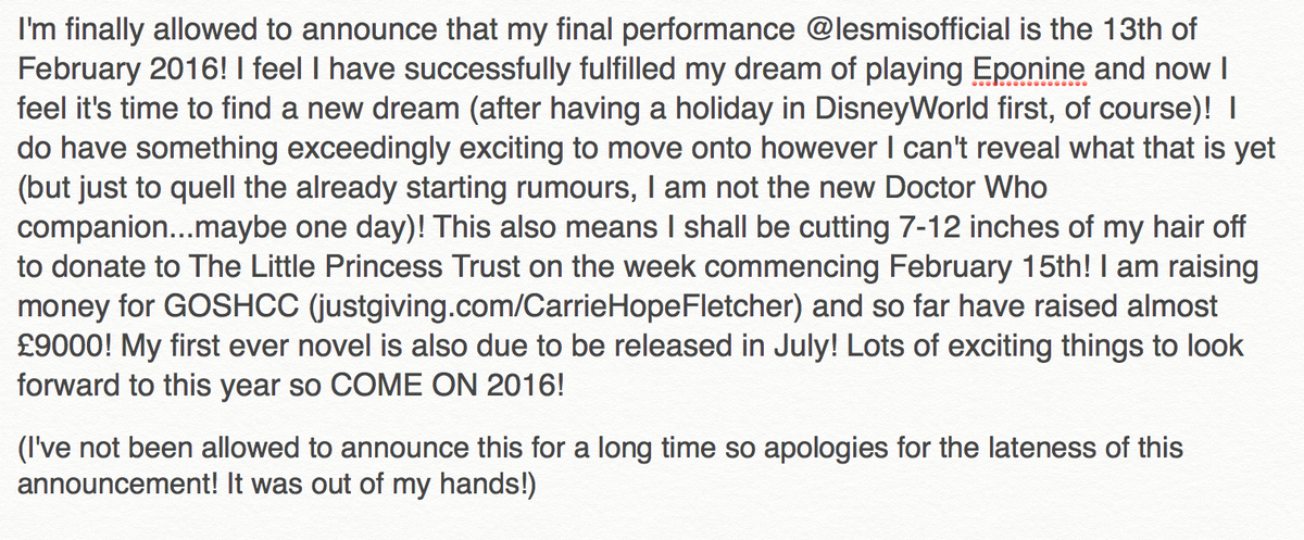 CarrieHFletcher's tweet photo. I'm leaving Les Mis, cutting my hair, going on holiday, starting a new job and then releasing a novel. COME ON 2016! https://t.co/FH2cb2fvCn