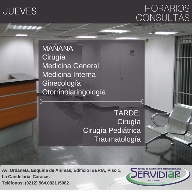 ServidiapCentro's tweet photo. Estas son nuestras consultas de los días Jueves en #Servidiap de 7:00 am a 6:00 pm ¡Los esperamos! https://t.co/a5EnOCjEUt