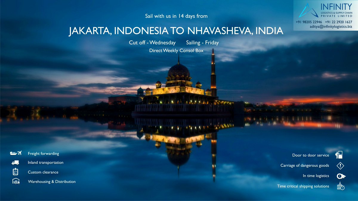 InfinityLogisti's tweet image. Sail with us in 14 days from Jakarta, Indonesia to Nhava Sheva, India