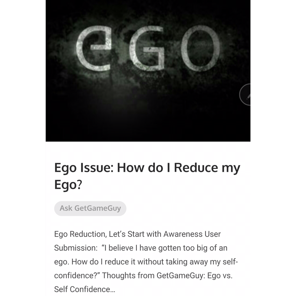 GetGameGroup's tweet photo. "How Do I Reduce My Ego?" #GGGuy advises. #AskGGGuy #GetGame #EgoReduction https://t.co/sSFWYQDjDY https://t.co/3p5ghv3dEO