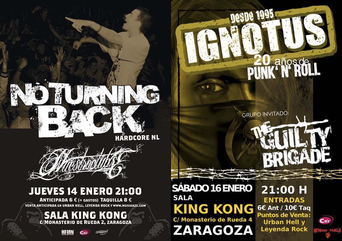 La próxima semana en la <a href="/KingKongZgza/">Sala King Kong</a> tenemos a <a href="/noturningbackhc/">No Turning Back</a> <a href="/Nuestroctubre/">Nuestroctubre</a> <a href="/ignotuspunknrol/">IGNOTUS</a> y <a href="/Guiltybrigade/">The guilty brigade</a>