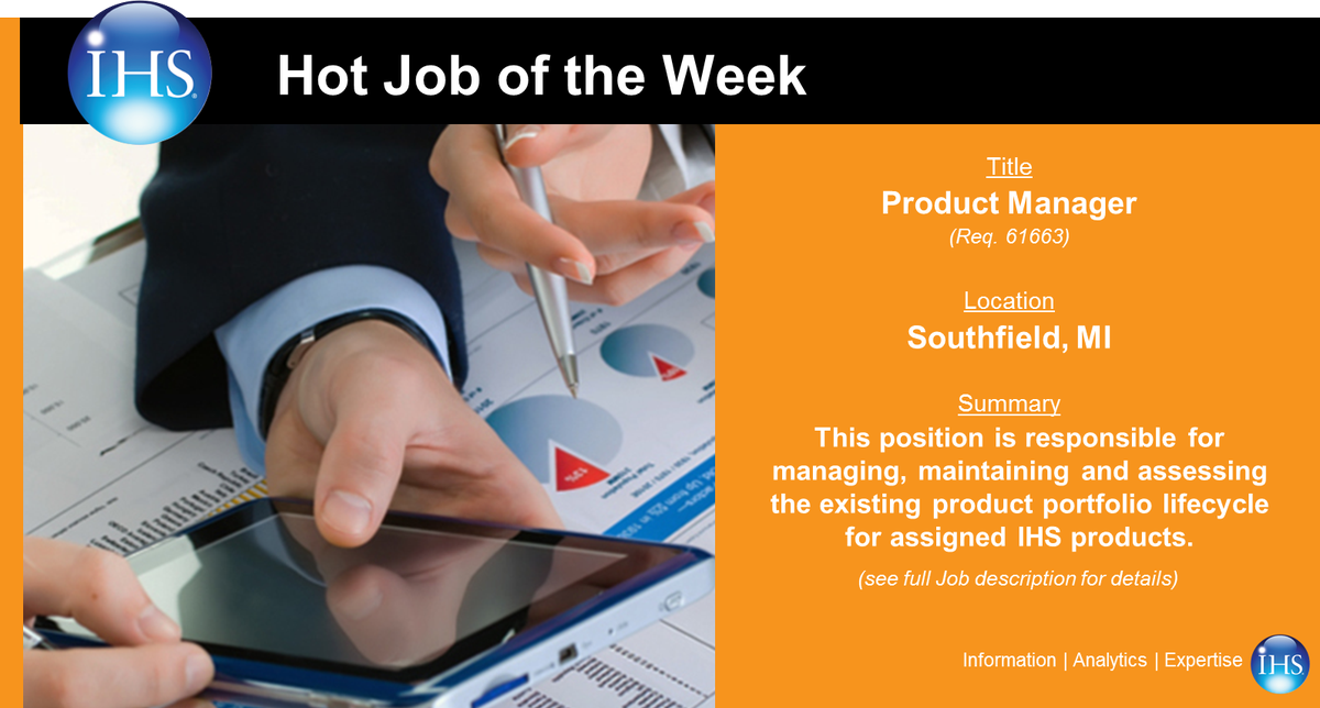 IHSMarkit4jobs's tweet photo. #HotJoboftheWeek! We are hiring in #Southfield #ProductManager. https://t.co/ulSGRu997q #Work4IHS #IHSCareers https://t.co/pXCHmSr73X