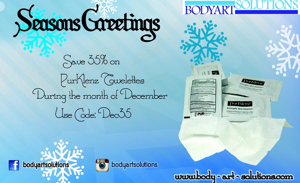 bdyartsolutions's tweet photo. Only 8 days left on our 35% off #PurKlenz towelettes promotion! https://t.co/Ot4QHTsvrG
#bodyartsolution #solabs https://t.co/d7KNZRTKz9