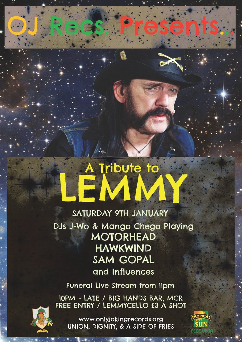 Our Tribute to #LEMMY: Sat 9th Jan @BigHandsBar 10pm - 3am. DJs playing Motorhead & Hawkwind. Funeral streamed LIVE