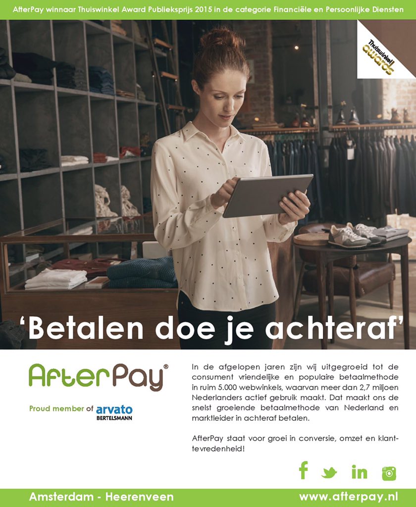 AfterPay's tweet photo. Uitgegroeid tot de consument vriendelijke en populaire #betaalmethode #AfterPay https://t.co/J608PUsB6O